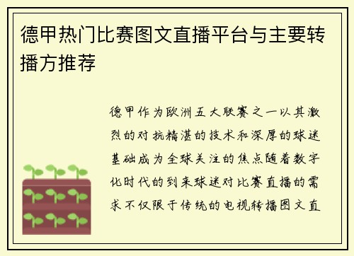 德甲热门比赛图文直播平台与主要转播方推荐