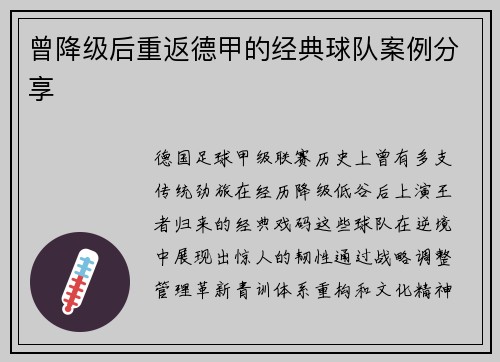 曾降级后重返德甲的经典球队案例分享